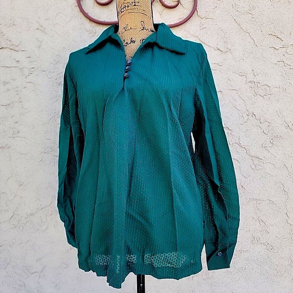 NOS Vintage 70s Green Polyester Long Sleeve Shirt Blouse, Waffle Weave, L